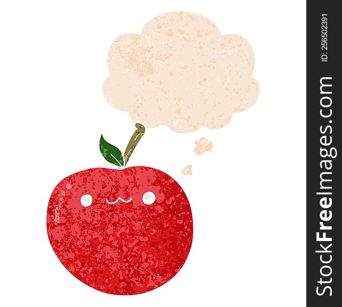 Cartoon Cute Apple And Thought Bubble In Retro Textured Style