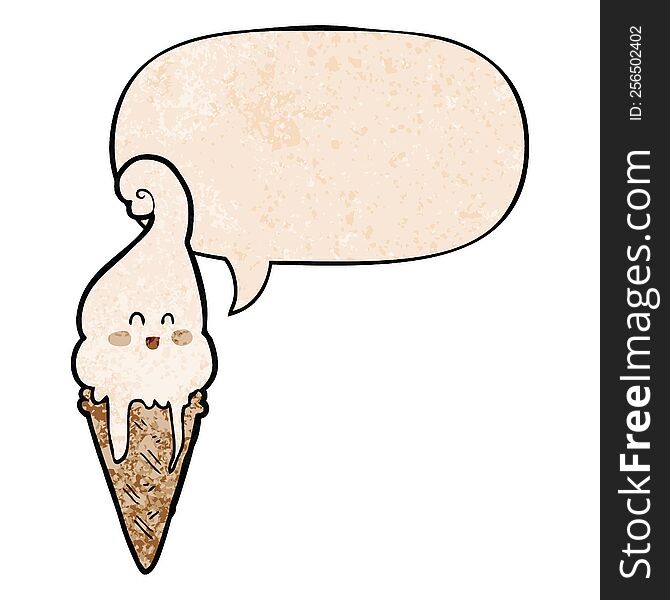 cartoon ice cream and speech bubble in retro texture style