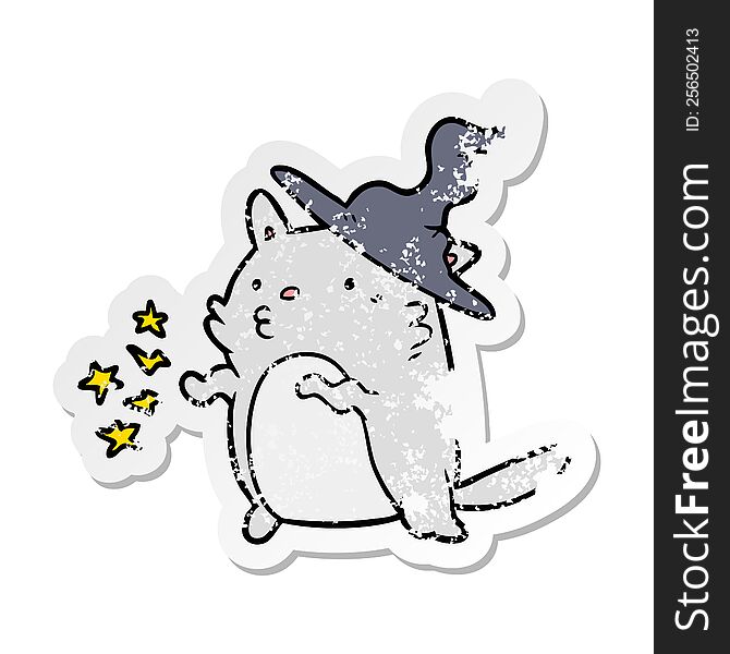 Distressed Sticker Of A Cartoon Cat Wizard
