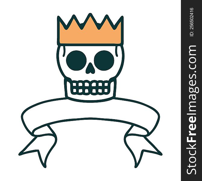 Tattoo With Banner Of A Skull And Crown