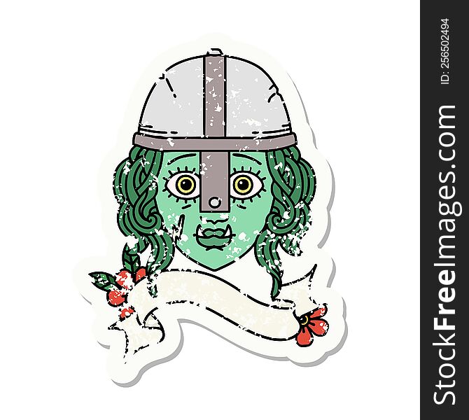 grunge sticker of a orc fighter character face. grunge sticker of a orc fighter character face