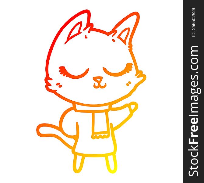 warm gradient line drawing of a calm cartoon cat wearing scarf