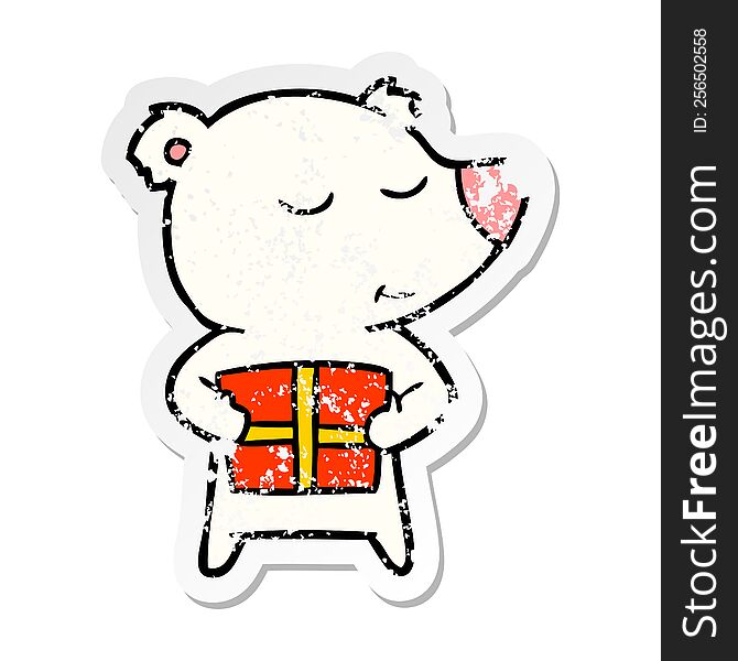 Distressed Sticker Of A Happy Cartoon Polar Bear With Present