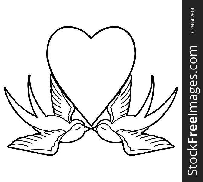 Black Line Tattoo Of A Swallows And A Heart