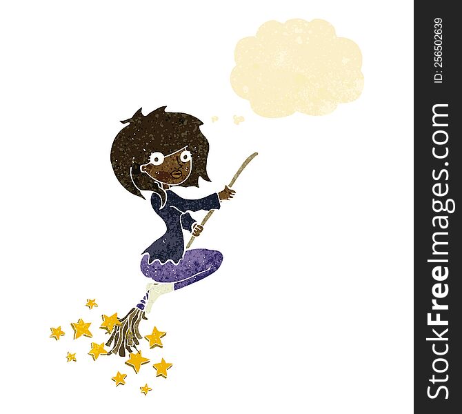 Cartoon Witch Riding Broomstick With Thought Bubble