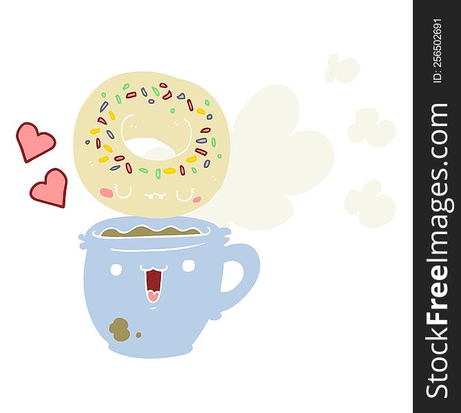 Cute Flat Color Style Cartoon Donut And Coffee