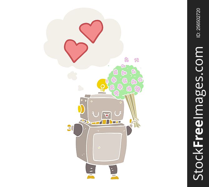 cartoon robot in love and thought bubble in retro style