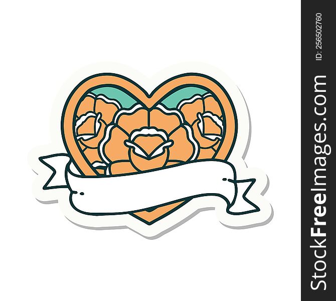 Tattoo Style Sticker Of A Heart And Banner With Flowers