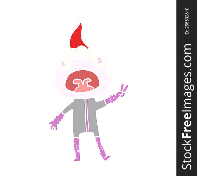 Flat Color Illustration Of A Weird Alien Waving Wearing Santa Hat