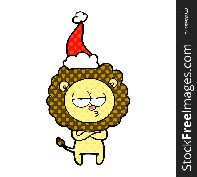 hand drawn comic book style illustration of a tired lion wearing santa hat