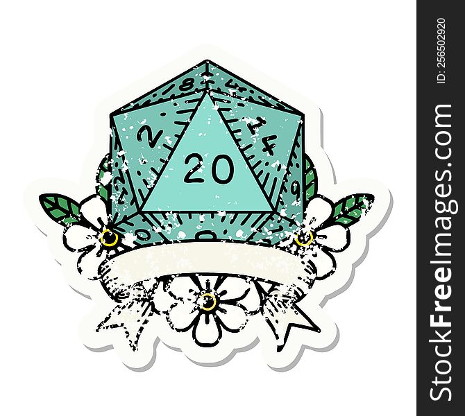 Natural 20 Critical Hit D20 Dice Roll Grunge Sticker