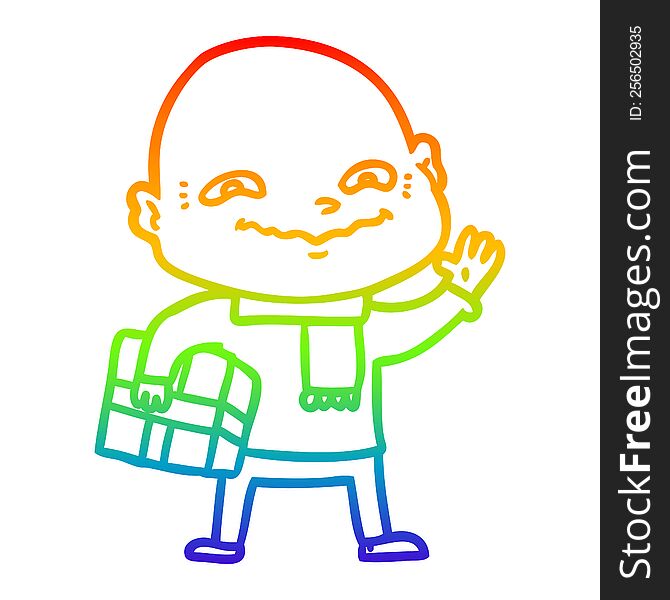 Rainbow Gradient Line Drawing Cartoon Nervous Man With Xmas Present