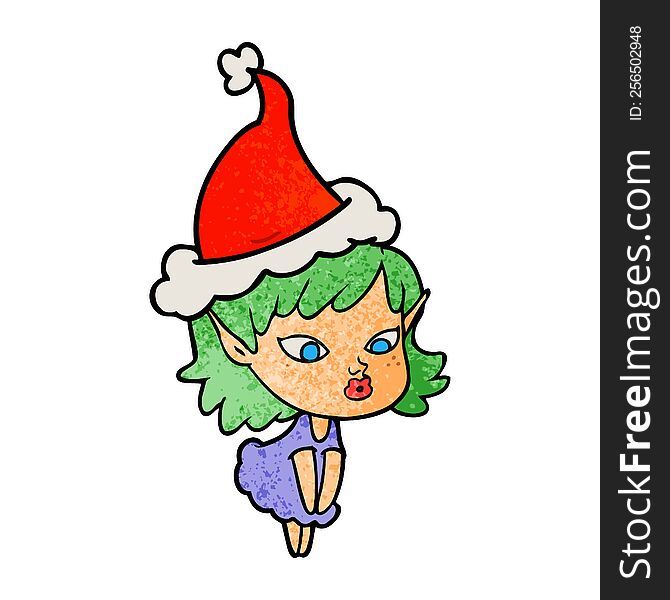 pretty hand drawn textured cartoon of a elf girl wearing santa hat. pretty hand drawn textured cartoon of a elf girl wearing santa hat