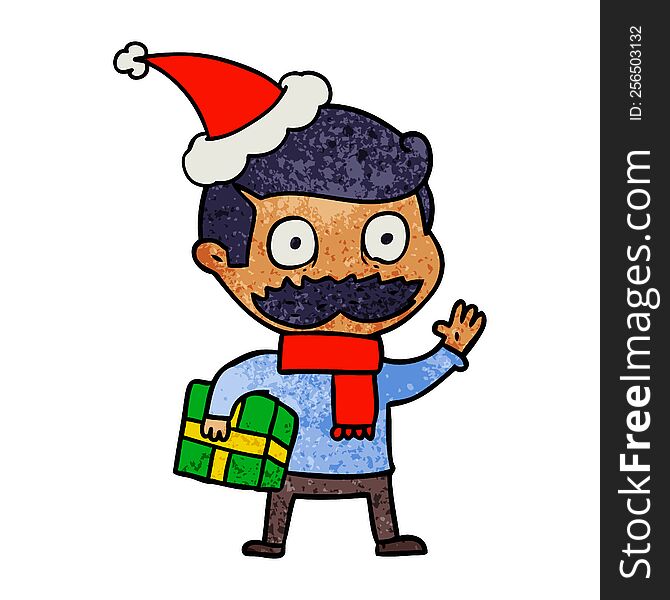 hand drawn textured cartoon of a man with mustache and christmas present wearing santa hat