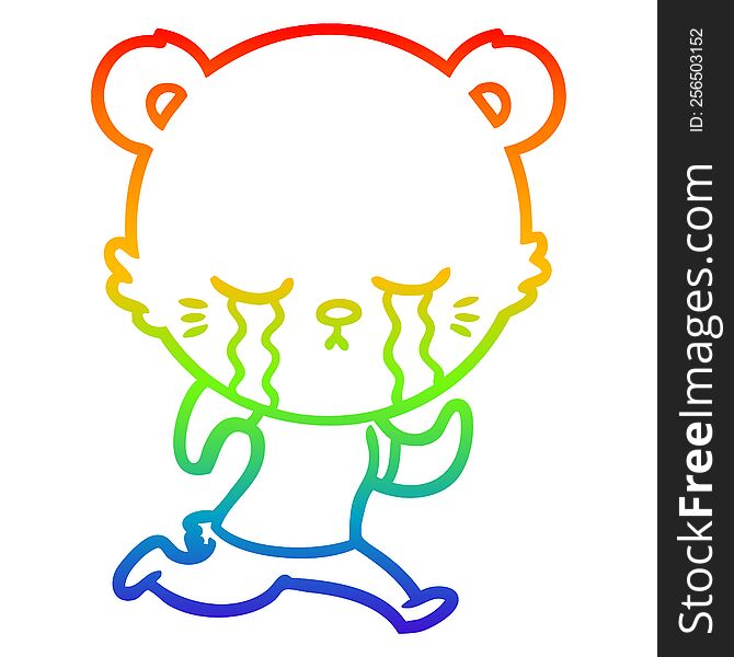 Rainbow Gradient Line Drawing Crying Cartoon Bear Running