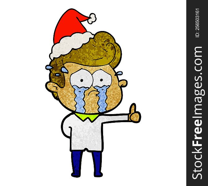 hand drawn textured cartoon of a crying man wearing santa hat