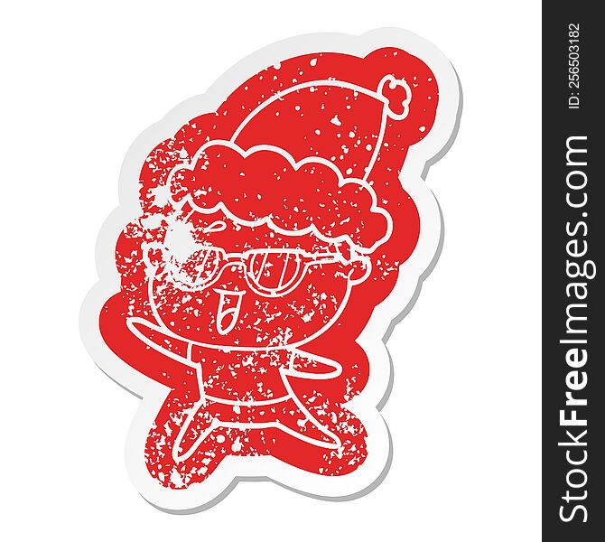 cartoon distressed sticker of a happy woman wearing spectacles wearing santa hat