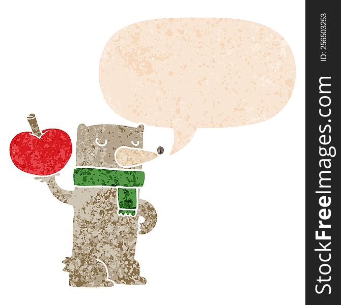 Cartoon Bear With Apple And Speech Bubble In Retro Textured Style