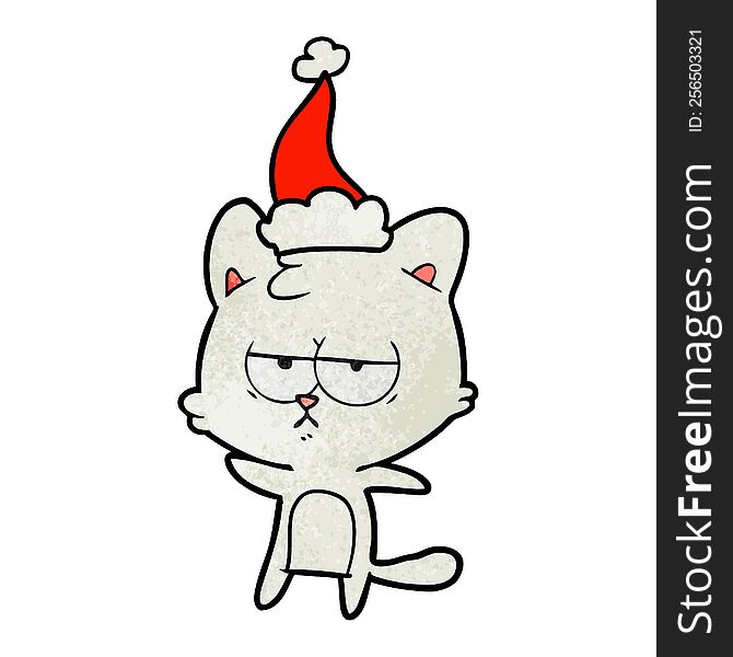 bored hand drawn textured cartoon of a cat wearing santa hat. bored hand drawn textured cartoon of a cat wearing santa hat