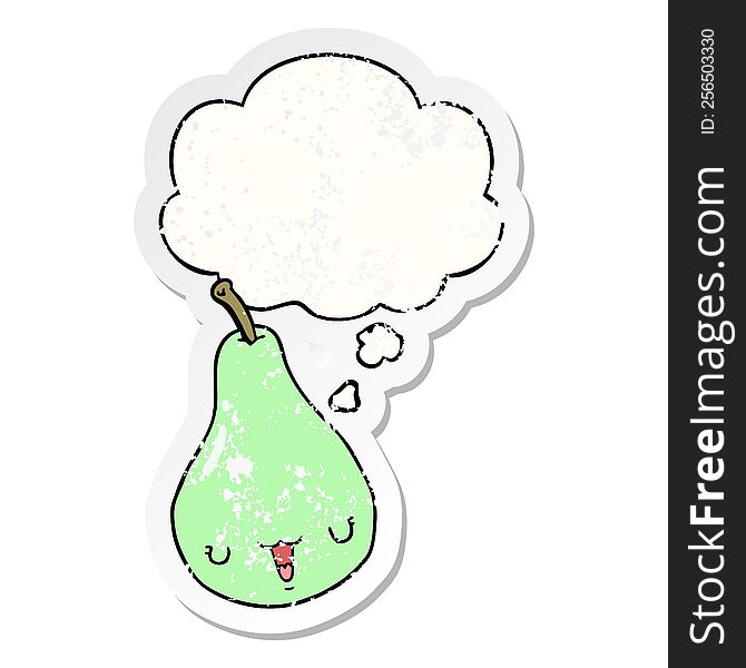 cartoon pear with thought bubble as a distressed worn sticker