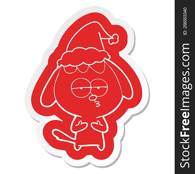 quirky cartoon  sticker of a bored dog wearing santa hat