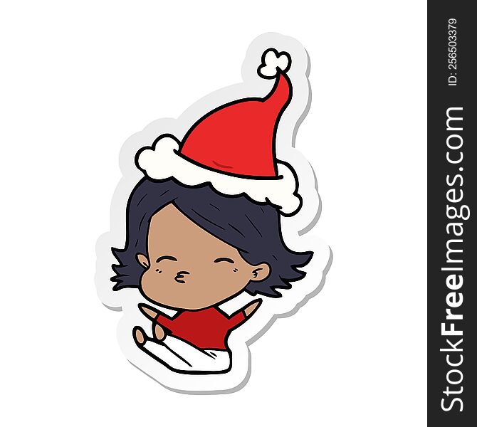 Sticker Cartoon Of A Woman Sitting Wearing Santa Hat