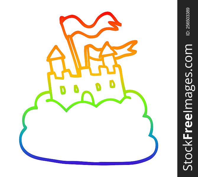 rainbow gradient line drawing of a cartoon castle on cloud