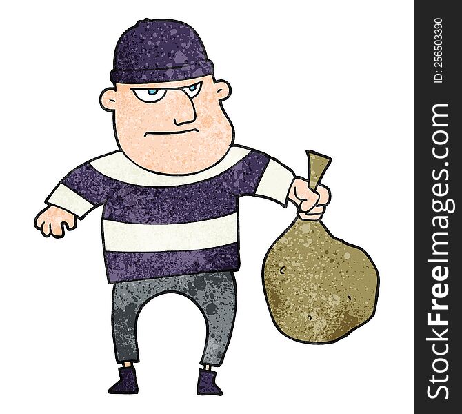 freehand textured cartoon burglar with loot bag