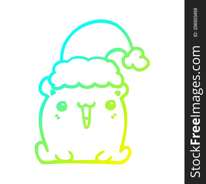 Cold Gradient Line Drawing Cute Cartoon Bear With Christmas Hat