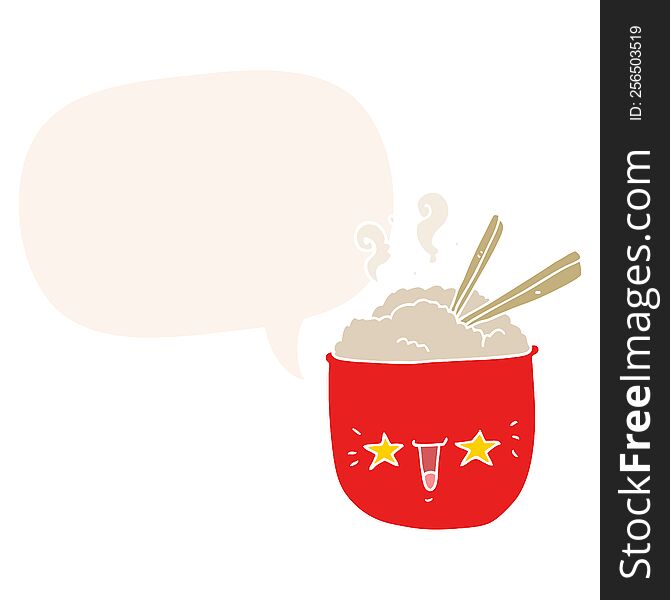 Cartoon Rice Bowl And Face And Speech Bubble In Retro Style