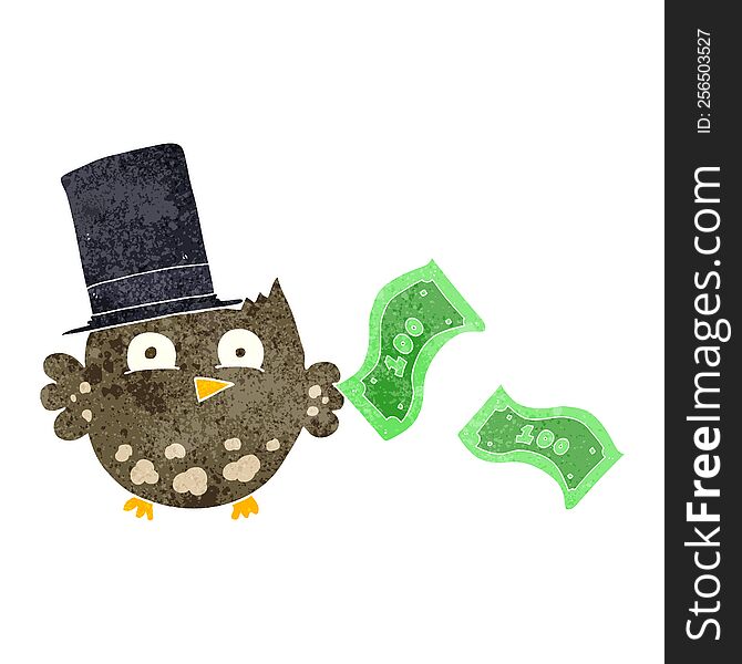 freehand retro cartoon wealthy little owl with top hat
