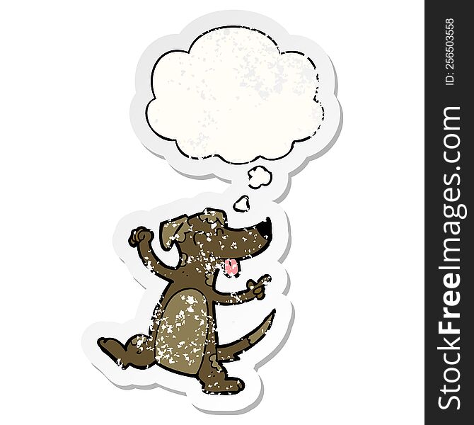Cartoon Dancing Dog And Thought Bubble As A Distressed Worn Sticker
