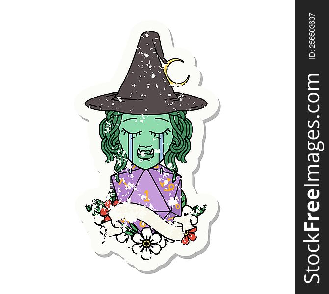 grunge sticker of a crying orc witch with natural one D20 roll. grunge sticker of a crying orc witch with natural one D20 roll