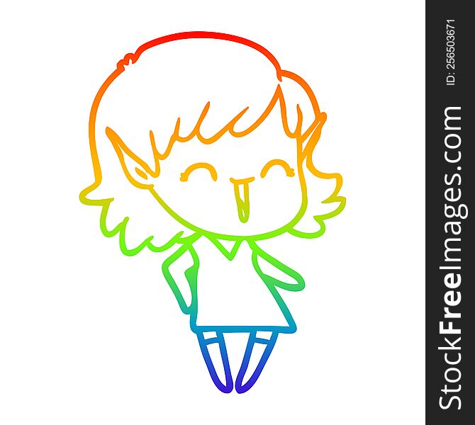 Rainbow Gradient Line Drawing Cartoon Elf Girl
