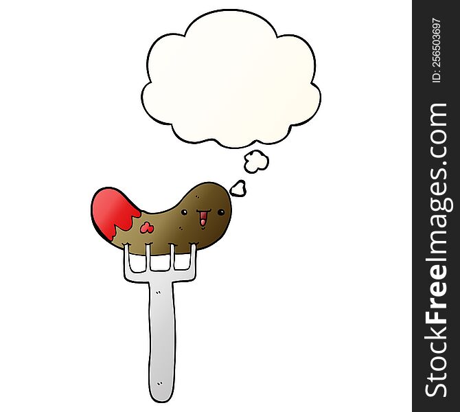 Cartoon Sausage And Fork And Thought Bubble In Smooth Gradient Style