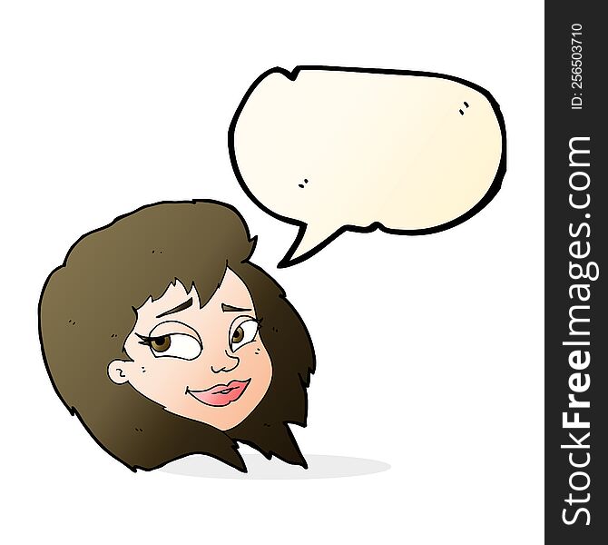 cartoon happy female face with speech bubble