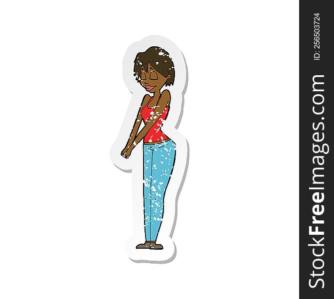 Retro Distressed Sticker Of A Cartoon Content Woman