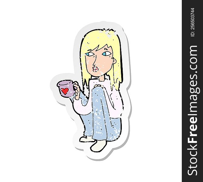 retro distressed sticker of a cartoon woman sitting with cup of coffee