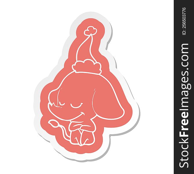 Cartoon  Sticker Of A Smiling Elephant Wearing Santa Hat