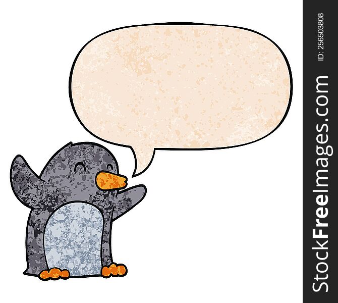 Cartoon Excited Penguin And Speech Bubble In Retro Texture Style