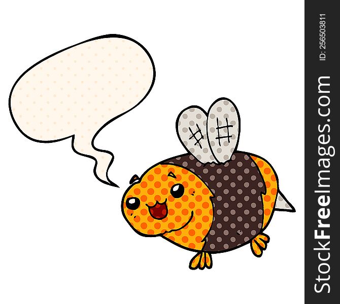 funny cartoon bee with speech bubble in comic book style