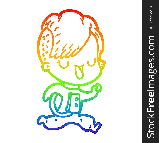 Rainbow Gradient Line Drawing Cartoon Astronaut Girl With Hipster Hair