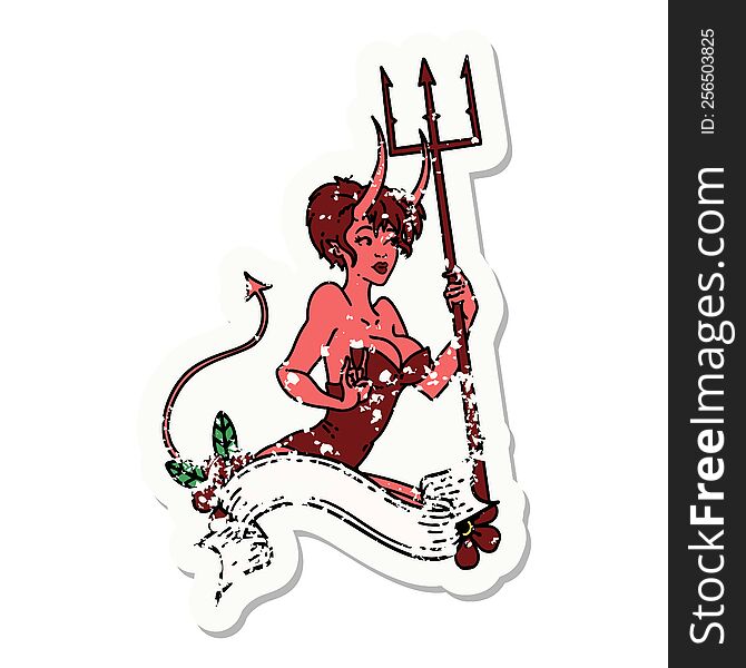 Distressed Sticker Tattoo Of A Pinup Devil Girl With Banner