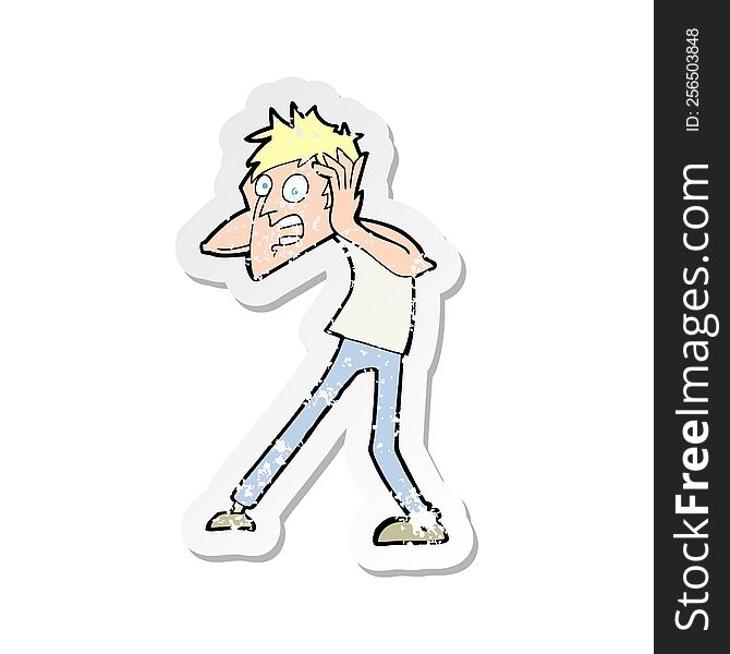 Retro Distressed Sticker Of A Cartoon Man Panicking