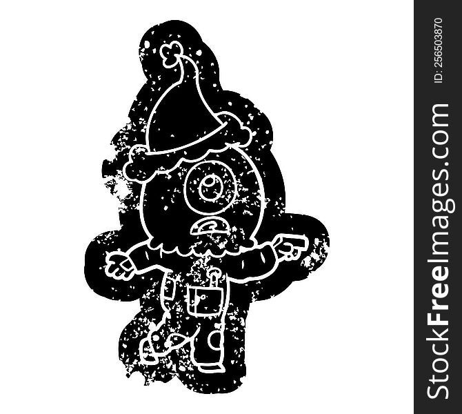 quirky cartoon distressed icon of a cyclops alien spaceman pointing wearing santa hat