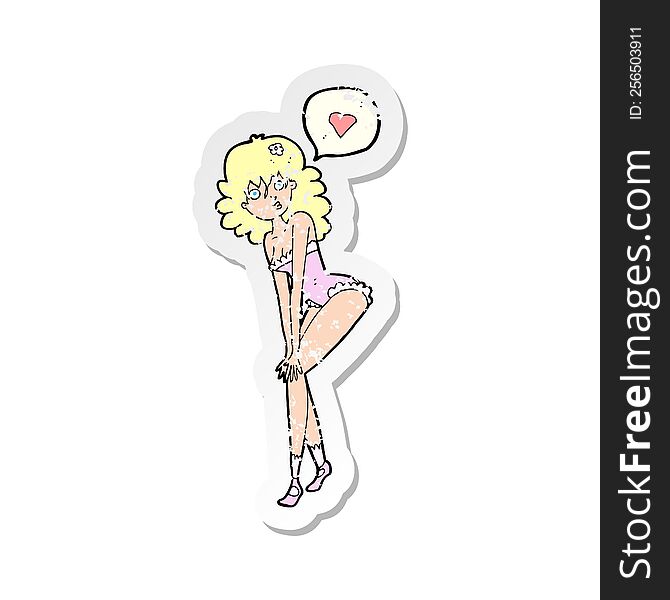 retro distressed sticker of a cartoon pin up woman