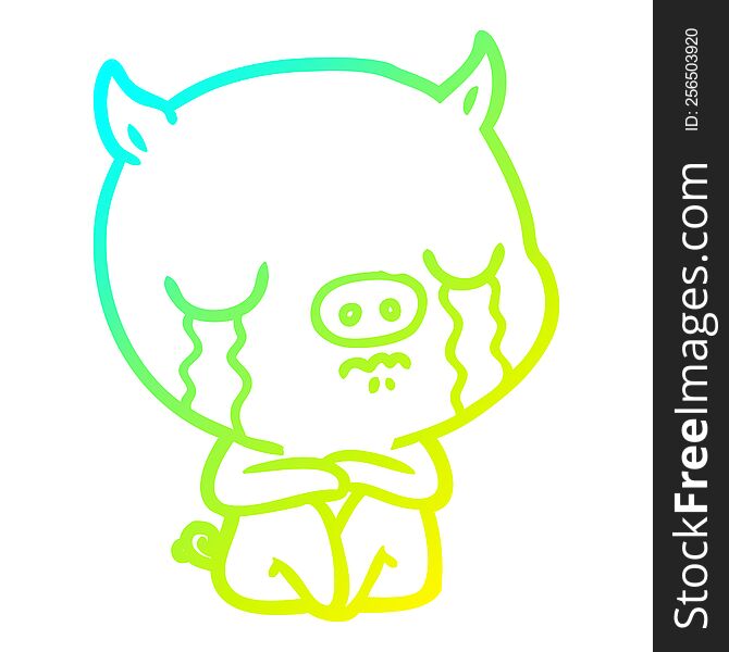 cold gradient line drawing of a cartoon sitting pig crying