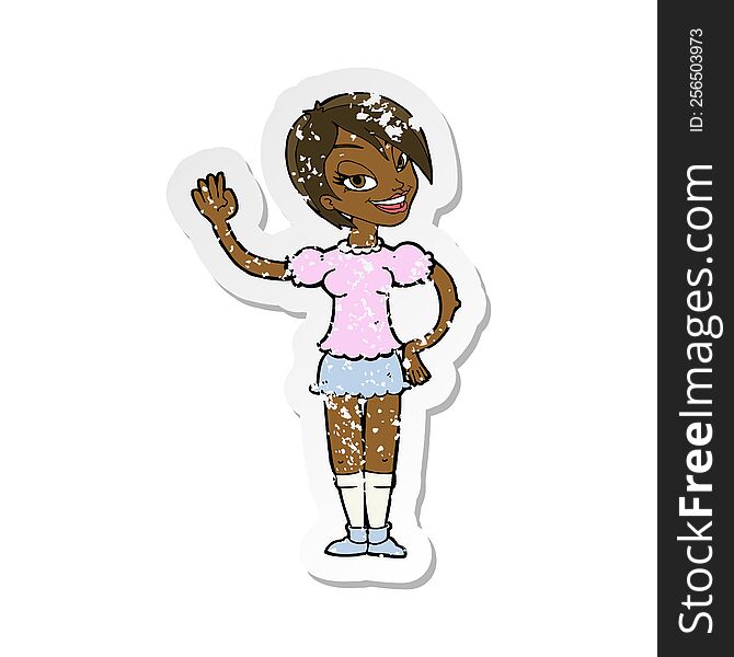 Retro Distressed Sticker Of A Cartoon Waving Woman