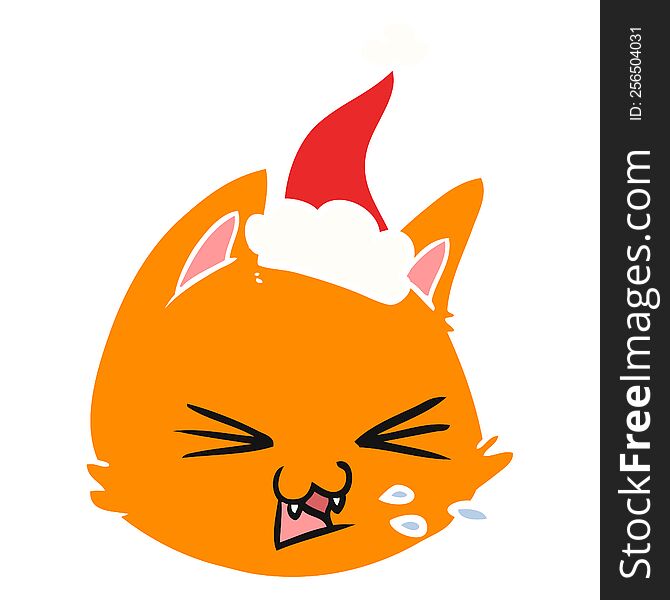 spitting flat color illustration of a cat face wearing santa hat
