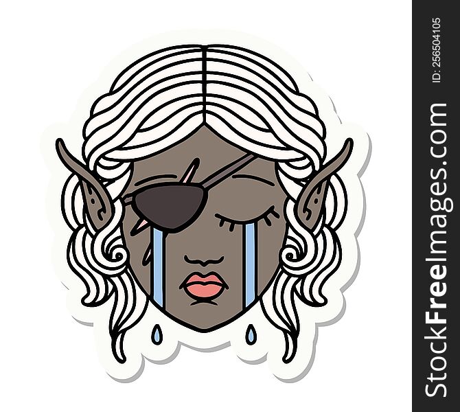 sticker of a crying elf rogue character face. sticker of a crying elf rogue character face